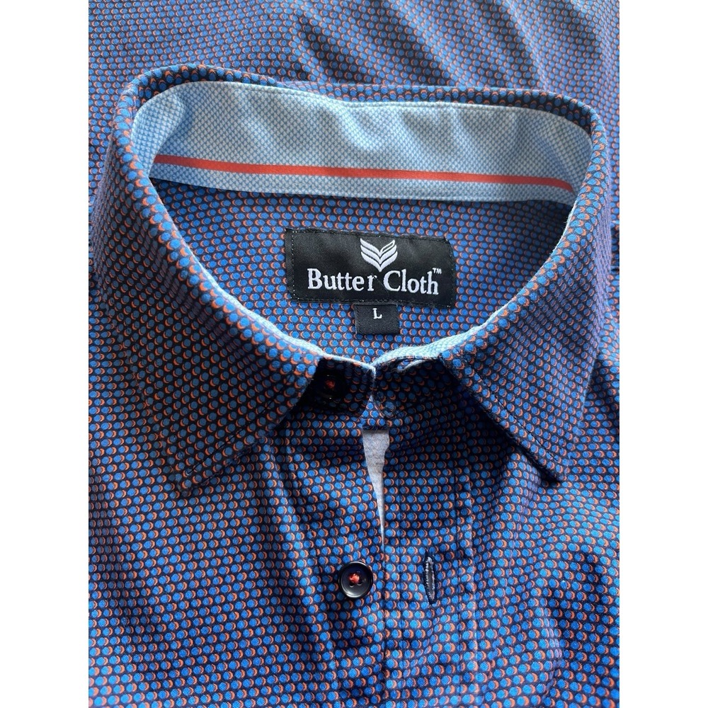 Butter Cloth Sz L Shirt Blue Geometric Circle Pattern Button Up Flip Cuff - Picture 2 of 10